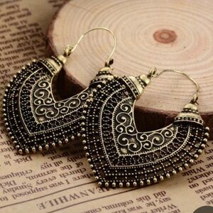Rustic Gold Heart Shaped Tribal Drop Earrings